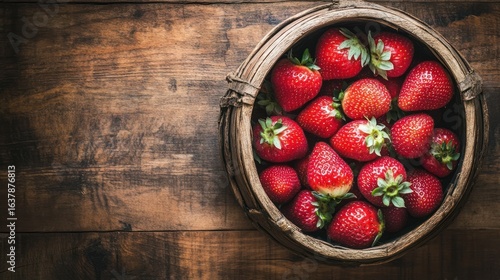 A rustic basket overflowing with fresh, ripe strawberries on a wooden surface evoking a sense of
