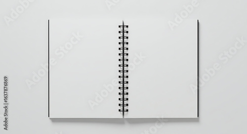 Top view of an open spiral notebook mockup with blank white pages. Clean diary or sketchbook template on a light background for design.