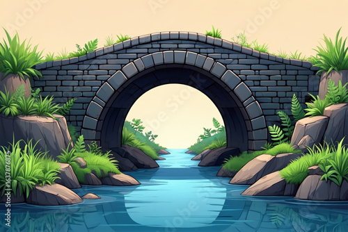 Stone bridge over creek with foliage and rocks