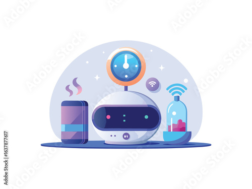 Cute futuristic robot with smart home devices and clock isolated on white background
