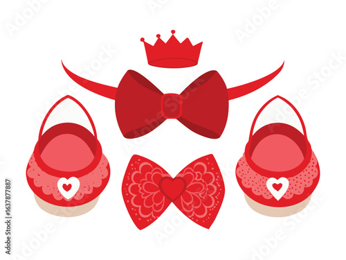 Collection of red baby accessories including shoes bow ties and a crown isolated on white background
