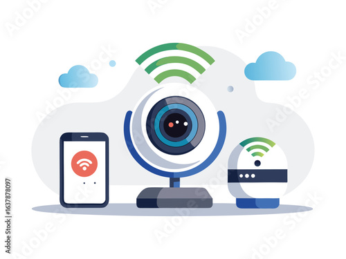 Smart home security camera and smart speaker connected wirelessly with smartphone app isolated on white background
