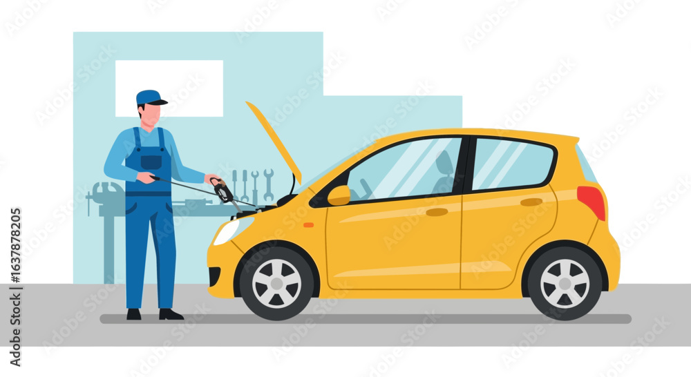 Auto Mechanic Inspecting Yellow Car Engine in Garage Workshop – Vehicle Maintenance and Repair Service Illustration Auto Mechanic Inspecting Yellow Car Engine in Garage Workshop – Vehicle Maintenance and Repair Service Illustration