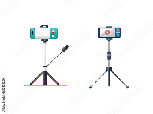 Two smartphones on tripods with microphones for recording video content isolated on white background
