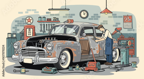 Vintage Car Restoration in Classic Garage Workshop – Mechanic Repairing Old Automobile with Tools and Equipment Illustration