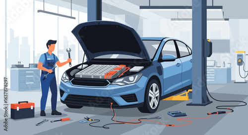 Electric Car Maintenance in Auto Repair Shop with Mechanic and Battery Inspection
