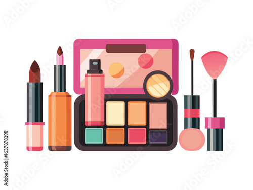 Collection of colorful makeup products including lipstick mascara and eyeshadow palette isolated on white background
