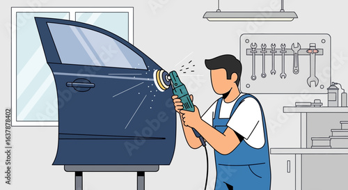 Auto Body Mechanic Polishing Car Door Panel – Vehicle Repair and Maintenance in Workshop Illustration