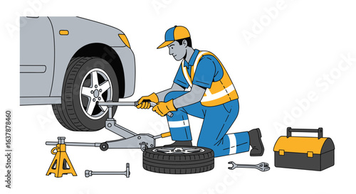 Mechanic Changing Car Tire with Jack and Tools in Safety Vest Illustration