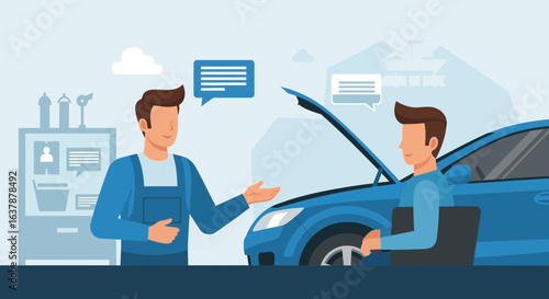 Auto Mechanic Talking with Customer About Car Repair in Garage Workshop