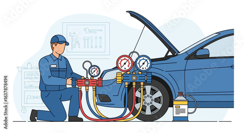 Auto Mechanic Performing Car Air Conditioning System Diagnostic with Manifold Gauge and Refrigerant in Garage Illustration