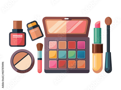 Collection of colorful makeup products arranged neatly isolated on white background
