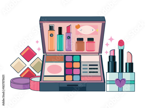 Luxury makeup collection with lipsticks and eyeshadows isolated on white background
