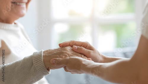 Close-up of a young person holding an elderly woman's hand with care and empathy