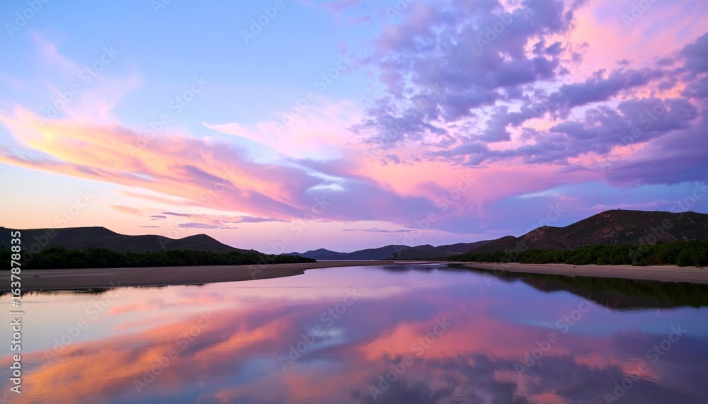 Fototapeta premium Tranquil waterway at sunset with sailboats, vibrant sky reflections, and lush green trees