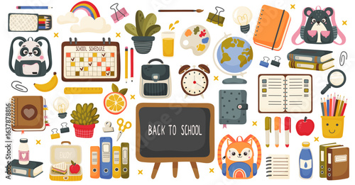 Cute Back to School Vector Clipart Set with Stationery, Books and Classroom Elements