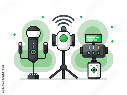 Collection of modern podcasting and broadcasting equipment for audio recording isolated on white background
