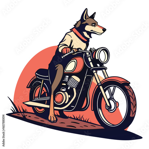 Cartoon illustration of an anthropomorphic dog riding a vintage motorcycle in style