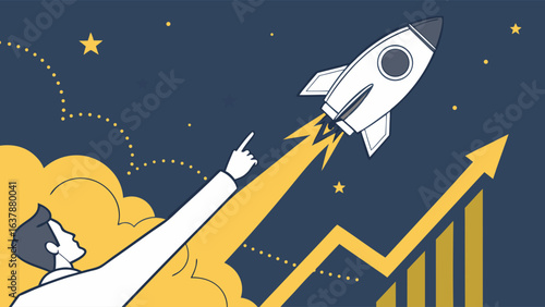 Businessman Guiding Launching Rocket Towards Growth Chart.