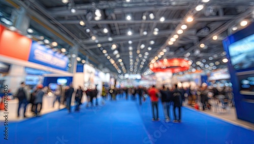 Blurred view of a busy trade show hall.