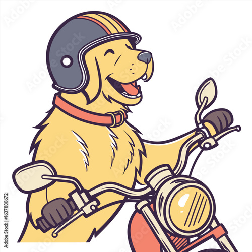 Golden Retriever Dog Riding Motorcycle with Helmet in Cartoon Vector Graphic Illustration