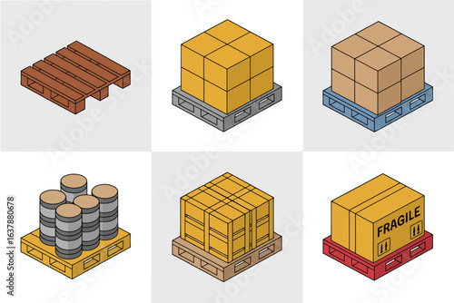 Pallet and packaging icon set, wooden crate vector, industrial storage illustration, warehouse equipment collection, shipping box design