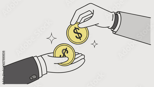 Business Transaction Hand Giving Dollar Coins to Another Hand.