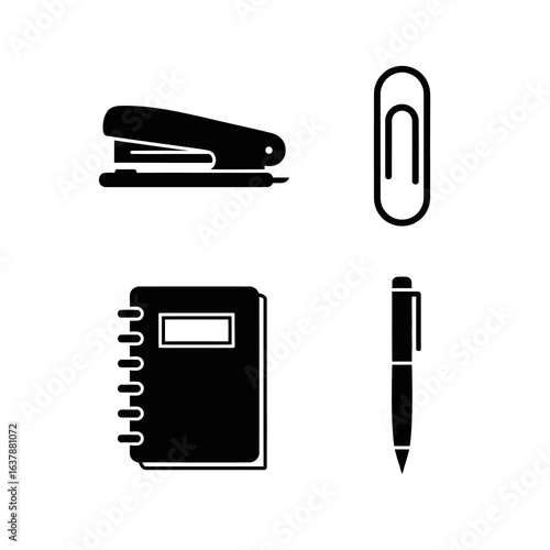 Stationary items including a stapler, paperclip, notebook, and pen isolated on white background in a vector illustration