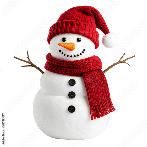 Cheerful Winter Snowman Isolated On White Background: A whimsical snowman, adorned with a cozy red hat, scarf, and carrot nose, spreads holiday cheer with its endearing simplicity.