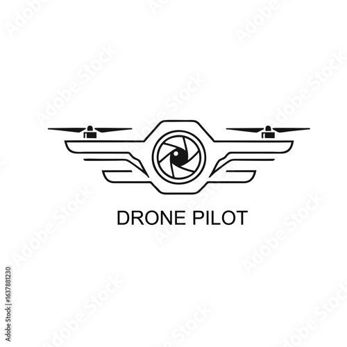 Drone Pilot Logo With Wings and Central Camera Lens, Minimal Lines
