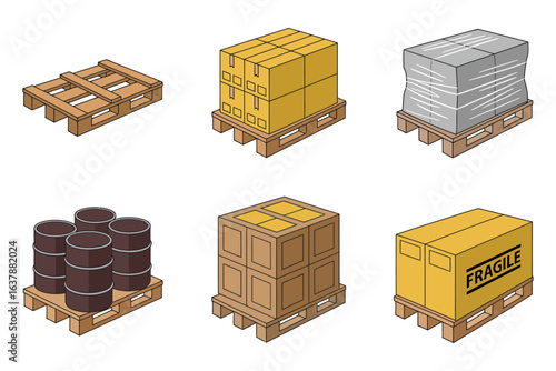 Wooden pallet and packaging icons, crate and barrel vector, industrial storage illustration, warehouse equipment collection, shipping design