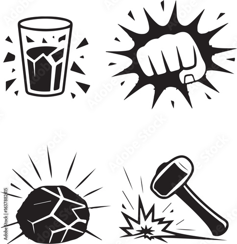 Impactful Destruction Icons Set Shattered Glass Fist Strike Rock Hammer Black and White