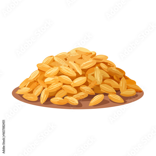 Heap of golden rice grains on plate raw ingredient healthy food staple cereal agricultural product for cooking and eating