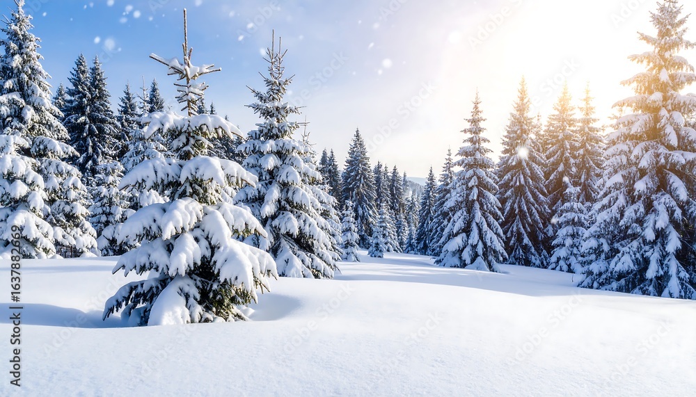 Obraz premium Snowy pine trees and white winter landscape.