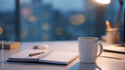 A calm and serene workspace with a closed notepad and pen on a desk, a plain white coffee mug, warm desk lamp glow,