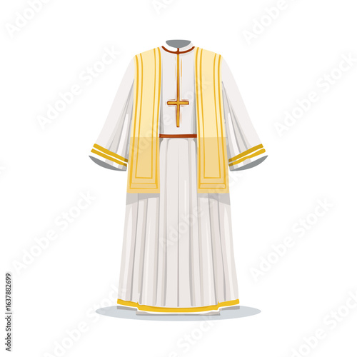 Religious Priest White Robe with Yellow Stole and Cross Symbol Worship Clergy Attire Church Garment Vestment Outfit
