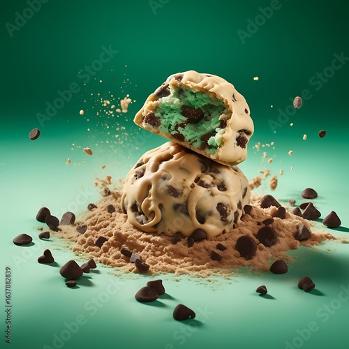Stacked mint chocolate chip cookies with powder on a green background