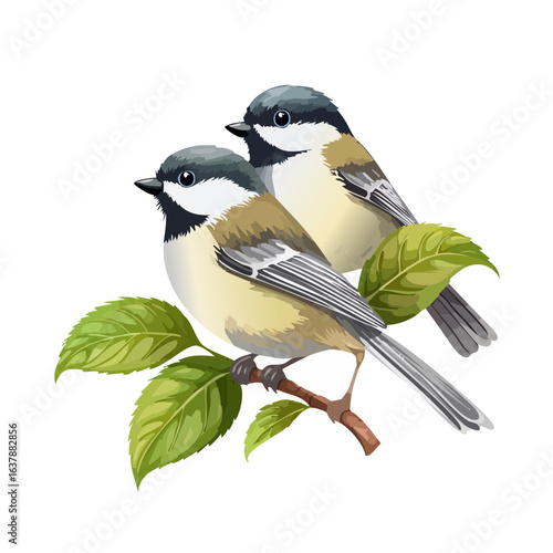 Pair of Chickadees Perched on Branch with Green Leaves Vector Illustration Wildlife Birds Fauna Nature Avian