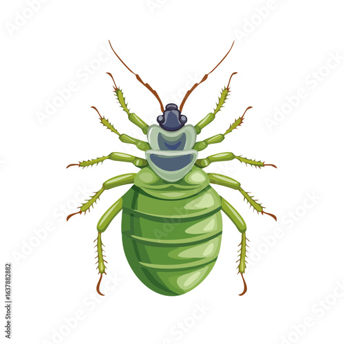 Illustration of a green bug with multiple legs on a black background.