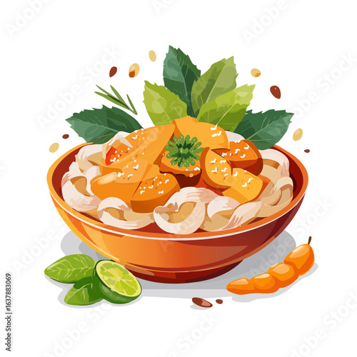 Delicious noodle bowl with vegetables herbs and citrus illustration for Asian cuisine advertising and healthy food blogs