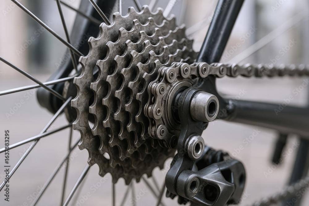 Fototapeta premium Bicycle Cassette Gears and Chain, Close-Up of Rear Derailleur System, Cycling Equipment Maintenance