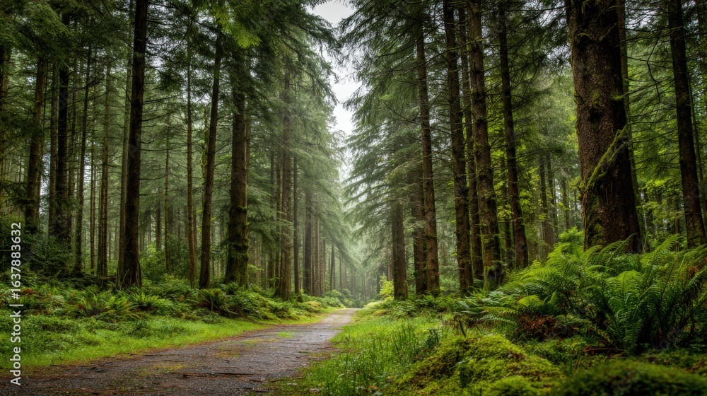 Fototapeta premium Lush Green Forest Path: Serene Woodland Landscape with Towering Trees and Vibrant Moss, Ideal for Nature Enthusiasts