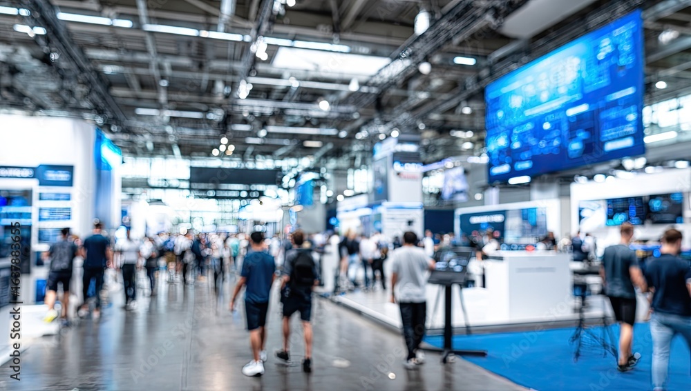 Obraz premium Crowded exhibition hall interior, blurred motion.