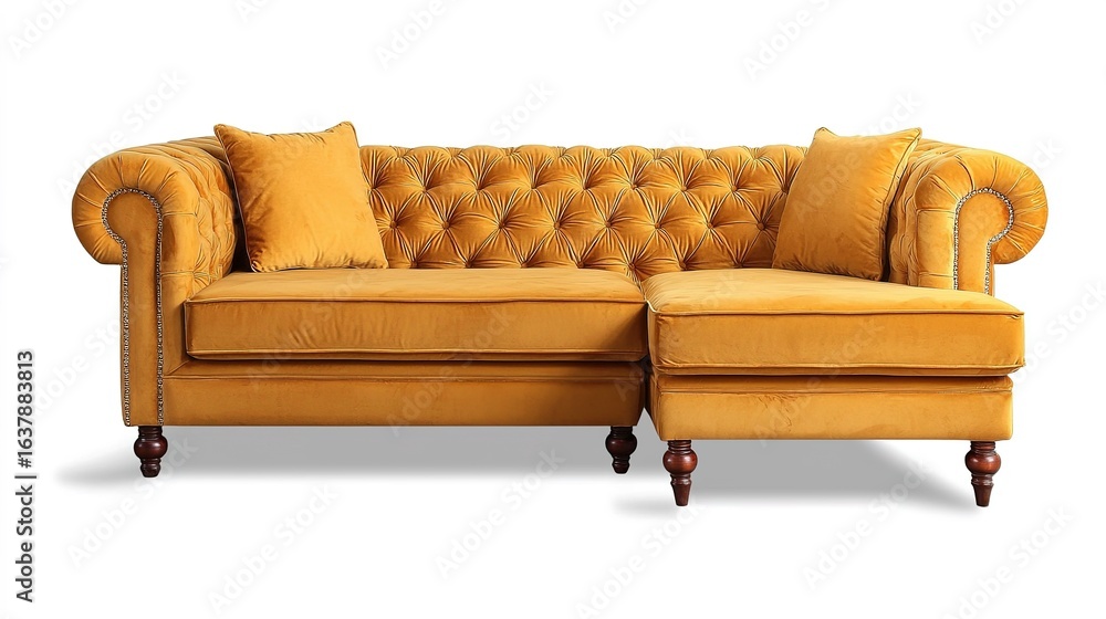 Fototapeta premium Elegant yellow velvet sofa with tufted design and decorative cushions, perfect for enhancing modern or classic interior decor.