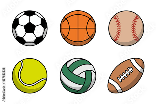 Sports ball icon set, soccer basketball baseball tennis vector, athletic equipment illustration, team game collection, active sports design