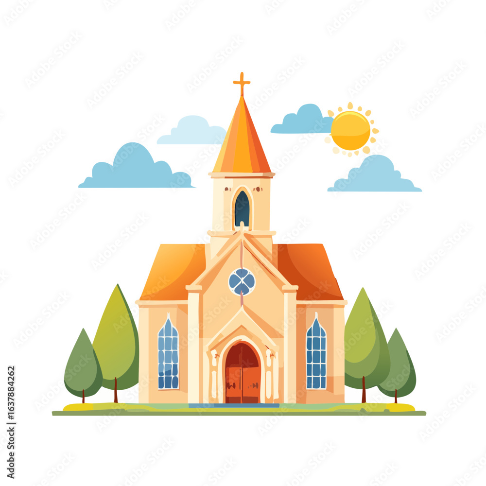 Naklejka premium Cartoon church building illustration with trees, clouds, and sunshine on a black background