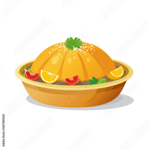 Elegant orange gelatin salad dessert with citrus tomatoes and herbs in bowl. Delicious healthy food with fruits and vegetables. Fresh organic nutrition.