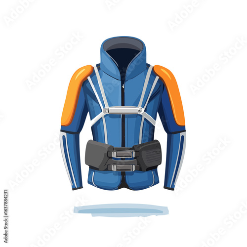 Futuristic jumpsuit for extreme activities blue with orange protective pads harness and belt for safety and space adventures