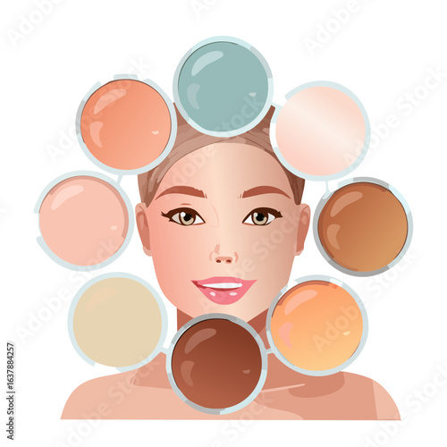 Cartoon woman's face surrounded by shades of foundation, showcasing a range of skin tones for makeup illustration.