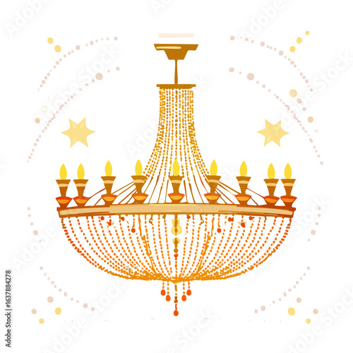 Elegant gold chandelier with dangling beads and illuminated candles on dark background